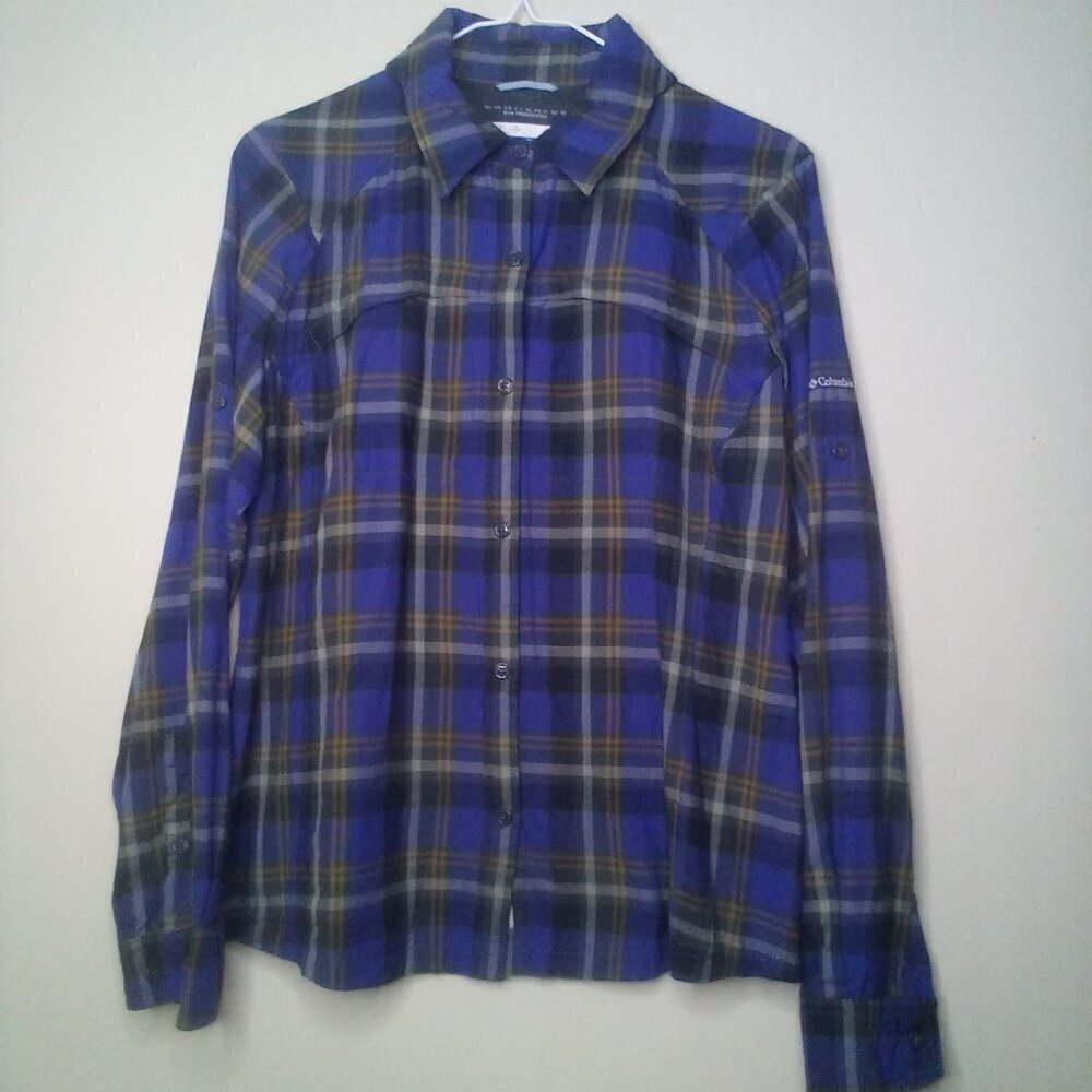 Columbia Shirt Button Up L Women Long Sleeve Omni-Shade Pockets Plaid Blue Green